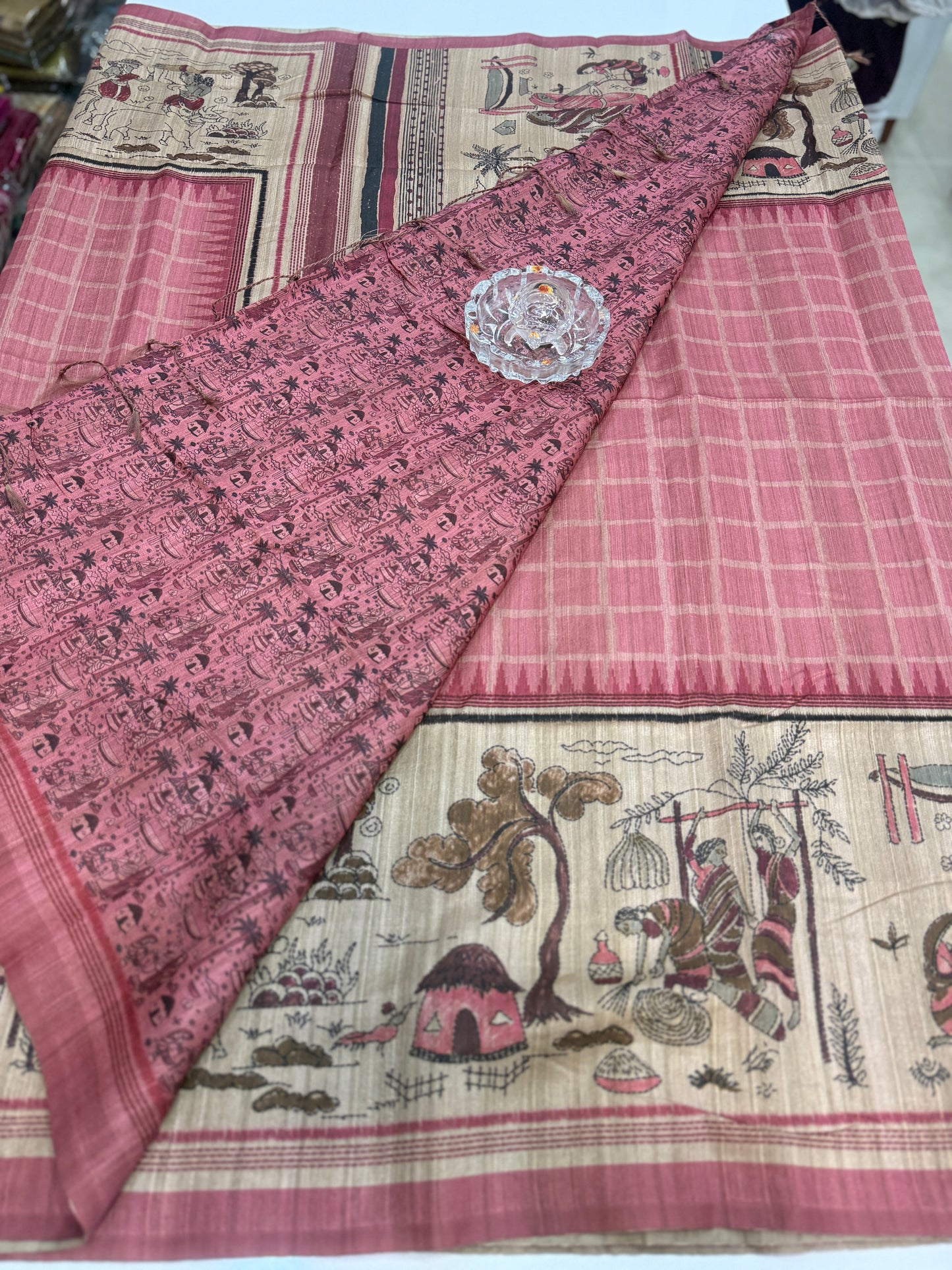 Spider Silk Saree with Folk Art Print Border and Tassel Pallu