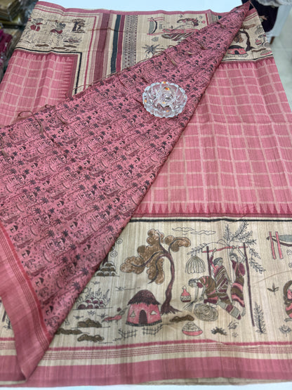 Spider Silk Saree with Folk Art Print Border and Tassel Pallu