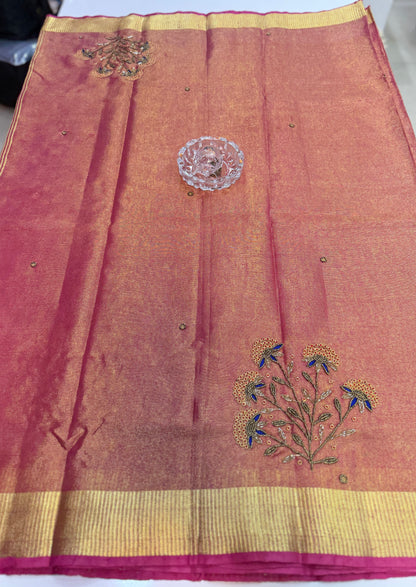 Pure Tissue 150 Count Linen Handloom Saree with Handwork and Running Blouse for Women