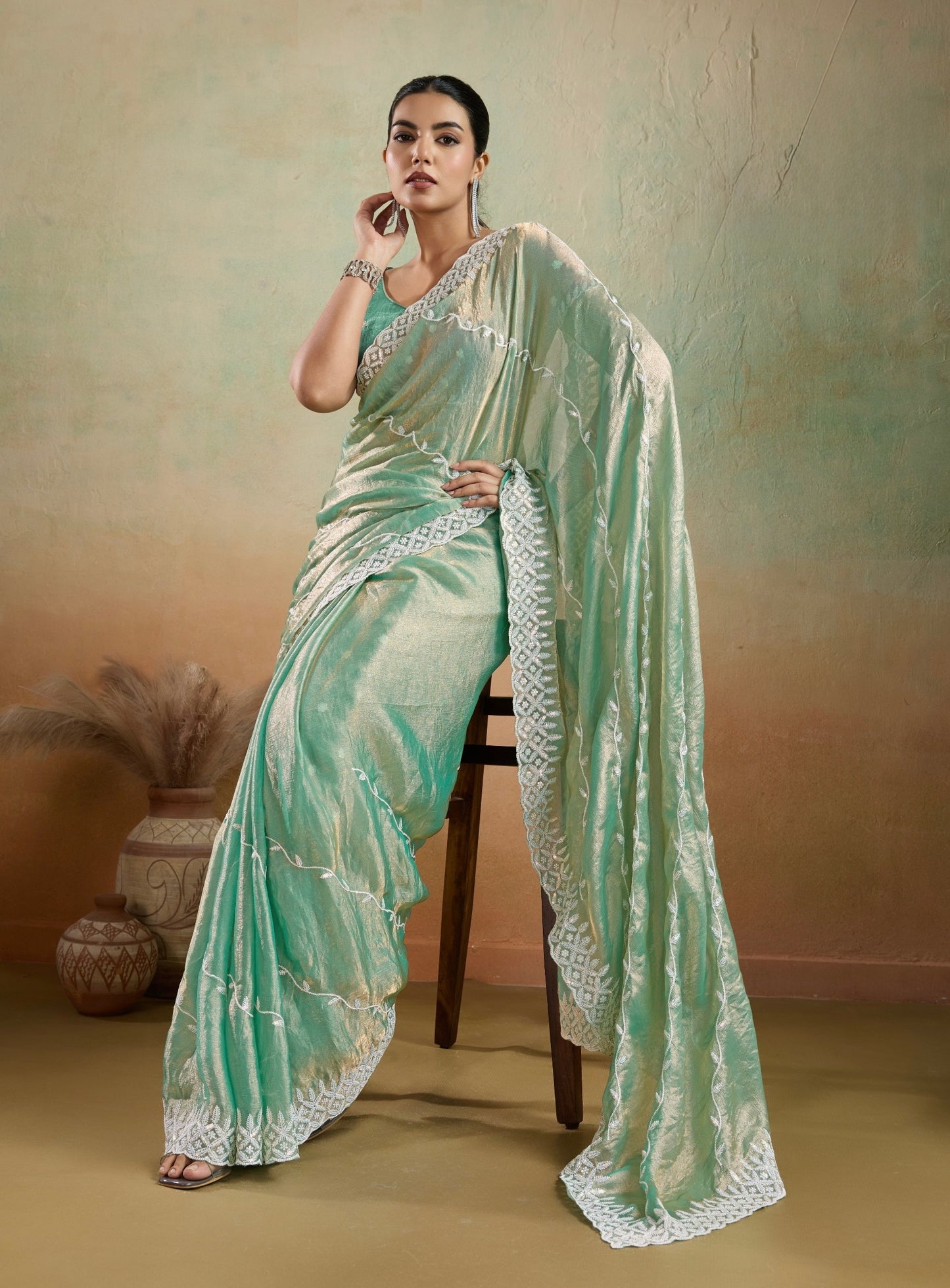 Velvet Chiffon Saree with Sequins Embroidery and Leheriya Flow for Women