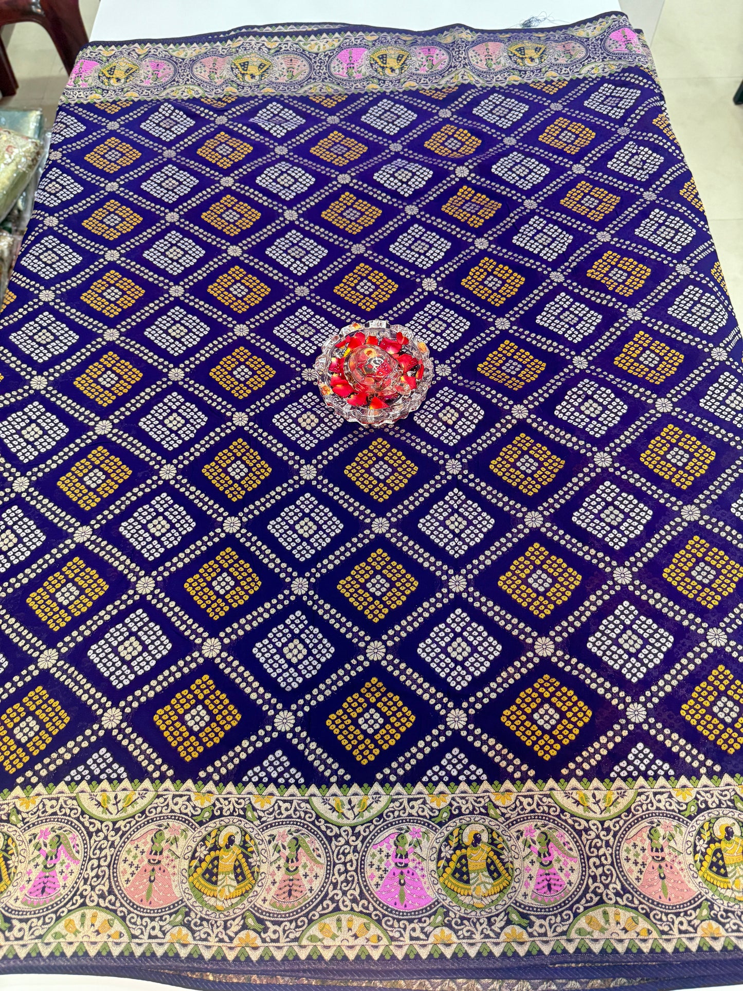 Pure Kaddi Georgette Zari Weaving Saree in Royal Blue with Bandhej-Inspired Checked Pattern and Traditional Border – Festive & Wedding Wear for Women