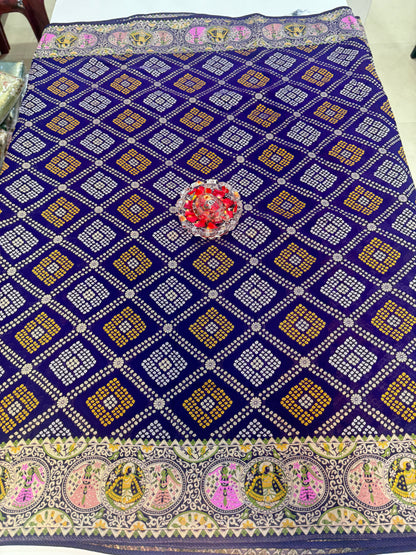 Pure Kaddi Georgette Zari Weaving Saree in Royal Blue with Bandhej-Inspired Checked Pattern and Traditional Border – Festive & Wedding Wear for Women