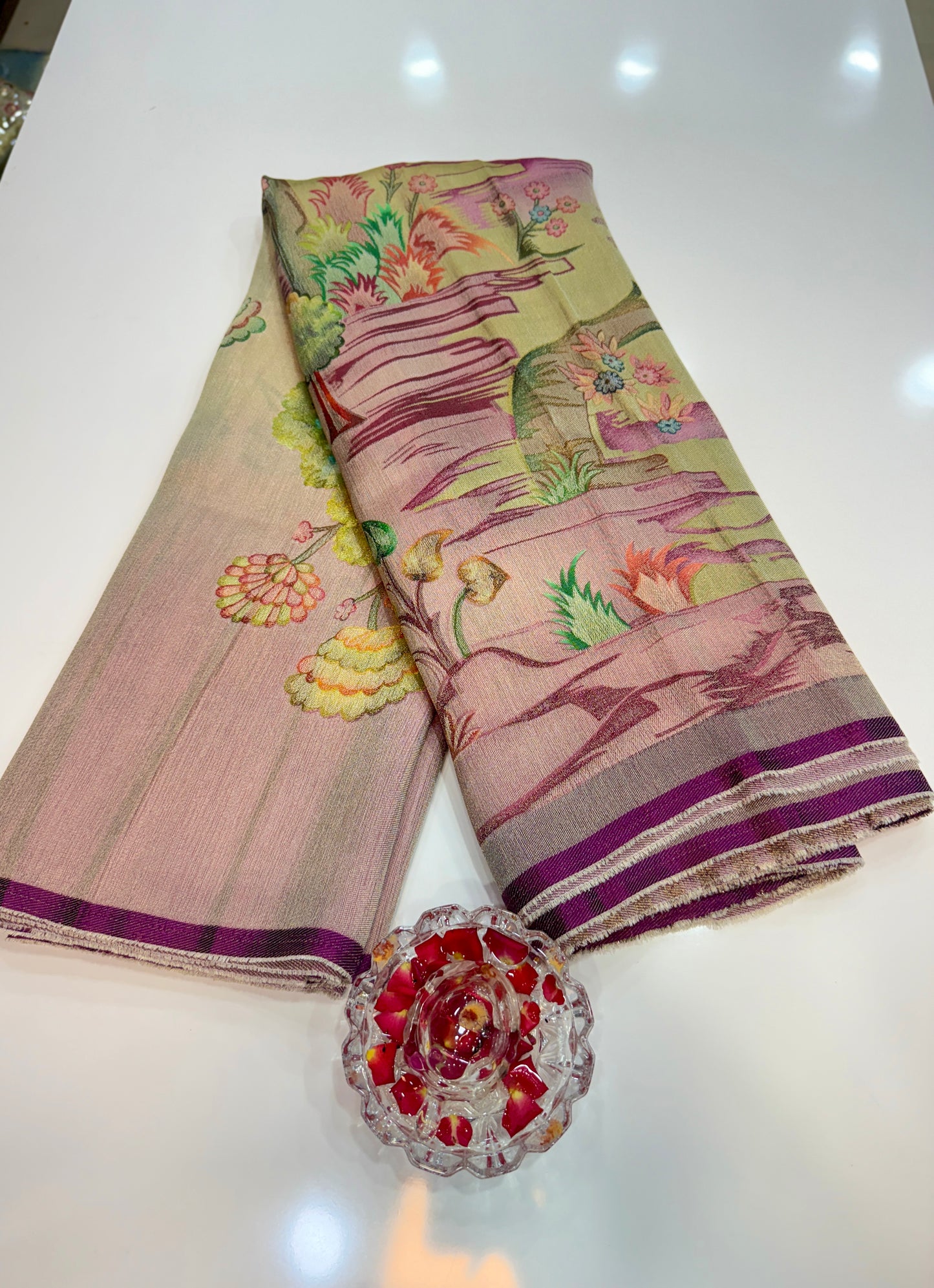 Pure Ziraf Silk Peacock Print Saree with Colorful Nature Motifs and Geometric Border – Soft Silk Printed Saree for Women