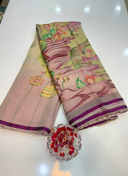 Pure Ziraf Silk Peacock Print Saree with Colorful Nature Motifs and Geometric Border – Soft Silk Printed Saree for Women