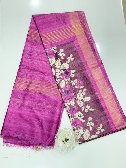 Pure Tussar Ghicha Silk Saree with Zari Border and Printed Design – Silk Mark Certified Handloom Saree
