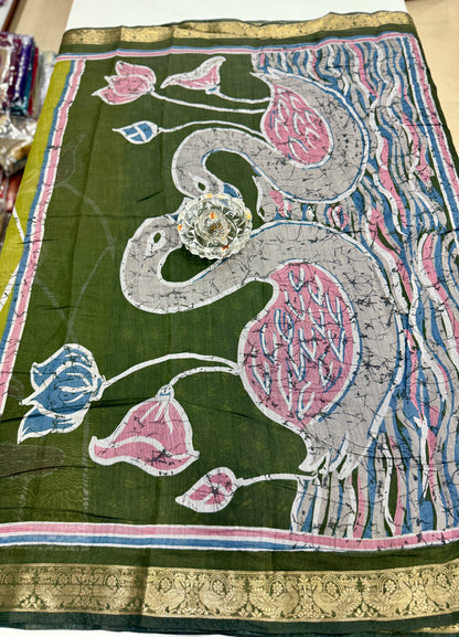 Chennuri silk style printed saree with traditional artwork border and unstitched blouse fabric for women