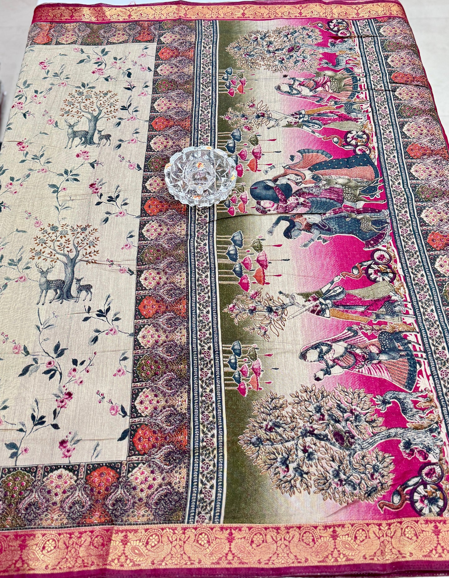 Chennuri silk style printed saree with traditional artwork border and unstitched blouse fabric for women