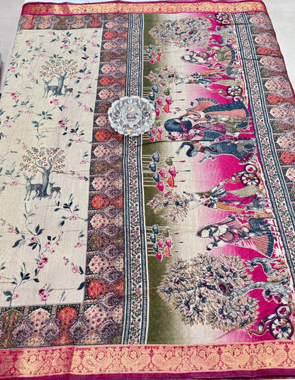 Chennuri silk style printed saree with traditional artwork border and unstitched blouse fabric for women