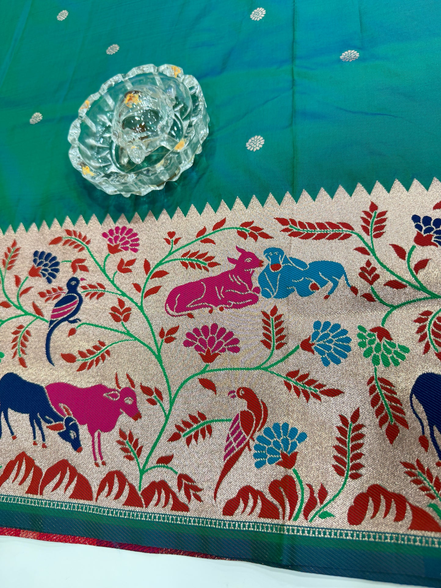 Paithani printed soft silk saree with zari-style border and contrast blouse for women