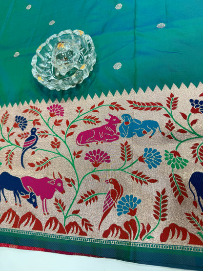 Paithani printed soft silk saree with zari-style border and contrast blouse for women