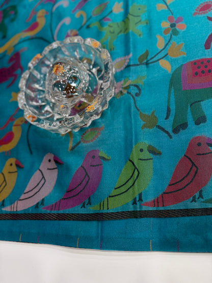 Soft silk printed saree with multicolour ethnic motifs and contrast blouse piece