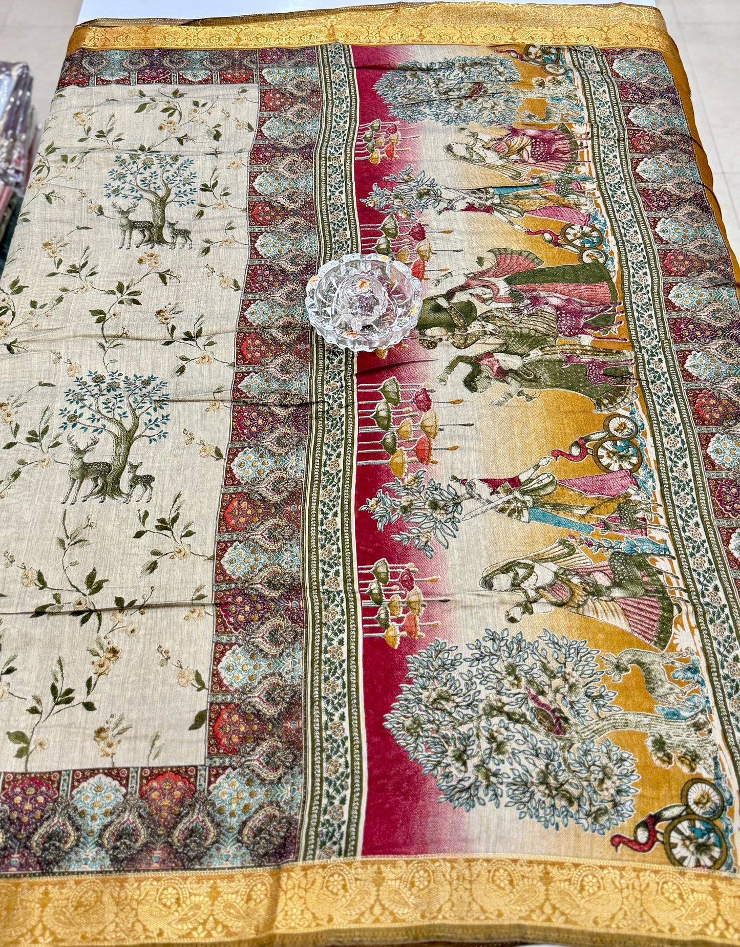 Chennuri silk style printed saree with traditional artwork border and unstitched blouse fabric for women