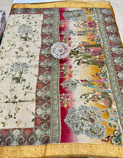 Chennuri silk style printed saree with traditional artwork border and unstitched blouse fabric for women