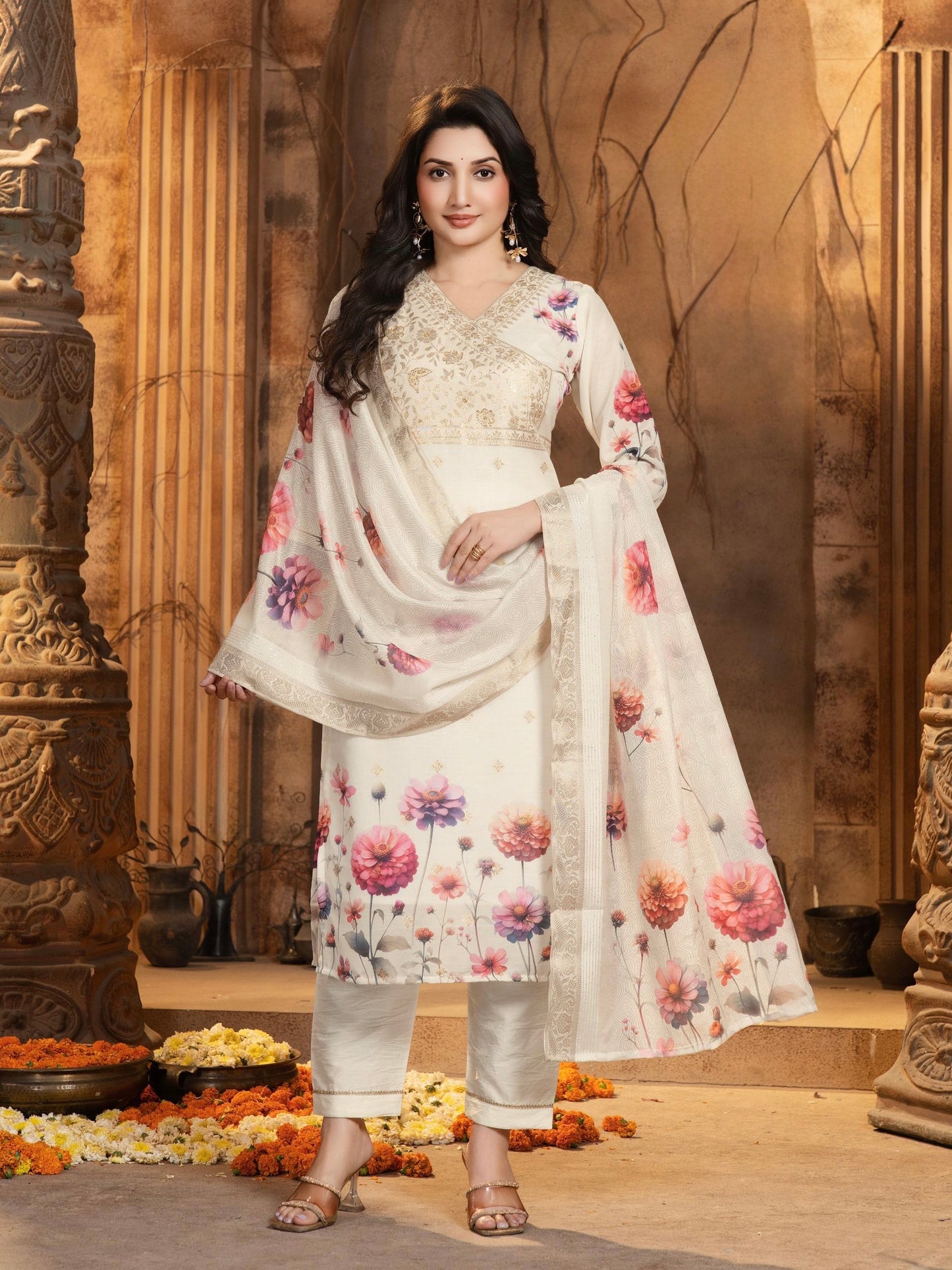 Chanderi Jacquard Straight Kurta Pant Set with Digital Print Dupatta – Women’s Ethnic Wear