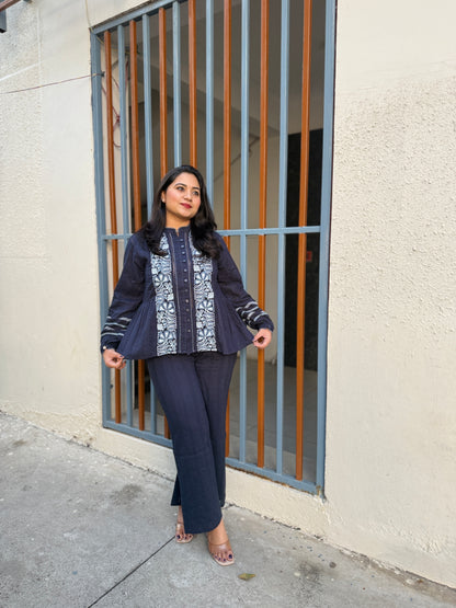 Women’s cotton hand-embroidered navy co-ord set with peplum top and straight pants, size 38–44