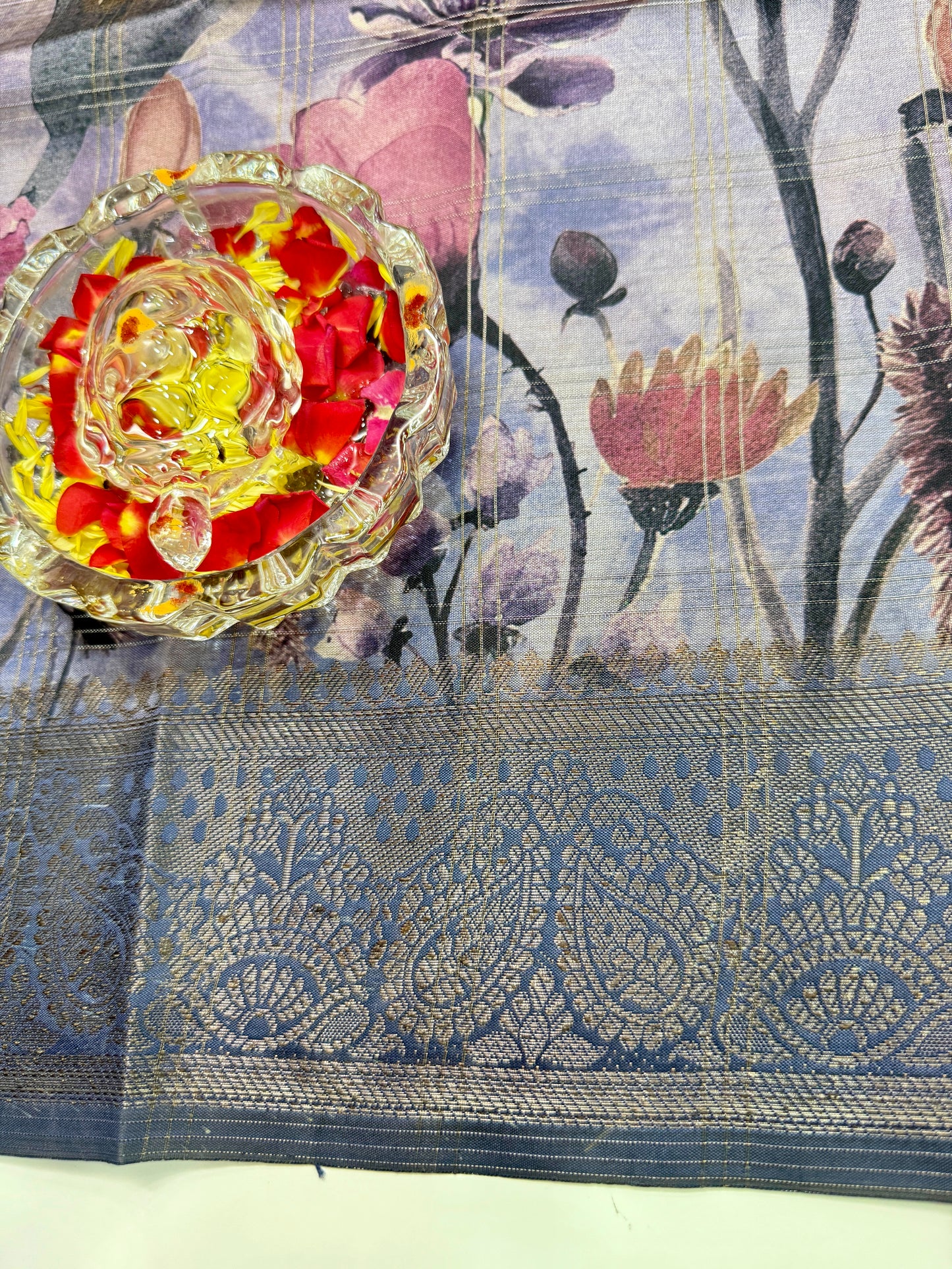 Bamboo Silk Saree with Chex Texture and Rich Pallu – Digital Floral Print Saree for Women