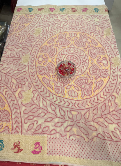 Pure Kaddi Georgette Zari Weaving Saree in Ivory Cream with Multi-Colour Meenakari-Style Floral Design – Festive and Wedding Wear Saree for Women