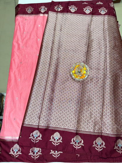 Banarasi Semi Raw Mango Silk Saree with Zari Buta Meenakari Work and Brocade Blouse – Festive Wear