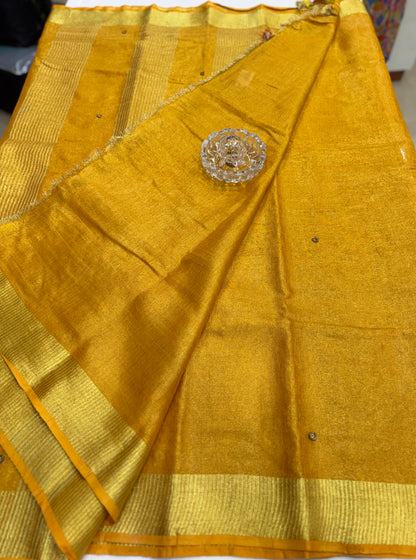 Pure Tissue 150 Count Linen Handloom Saree with Handwork and Running Blouse for Women