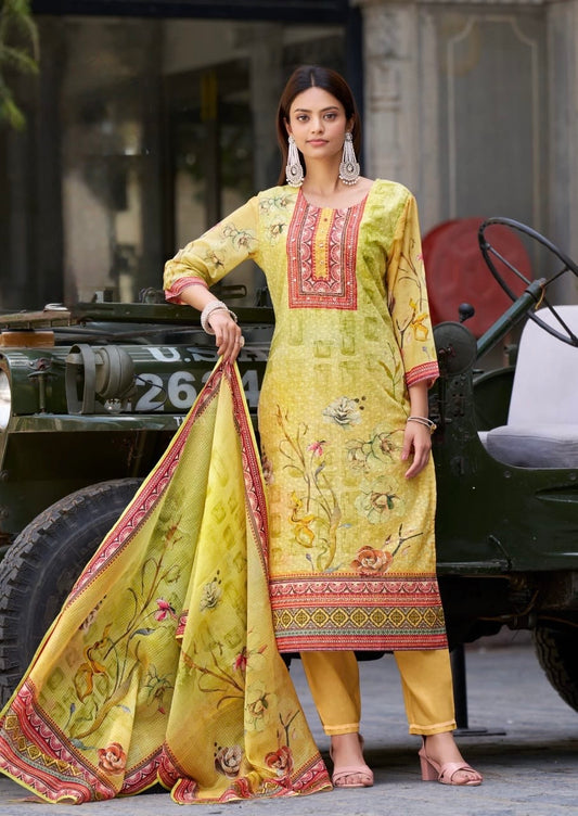 Cotton Schiffli Digital Print Suit Set with Muslin Dupatta and Khatli Handwork – L to 3XL
