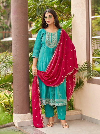 Plus Size Roman Shimmer Suit Set with Vichitra Dupatta – 3-Piece Ethnic Wear for Women (3XL, 5XL)