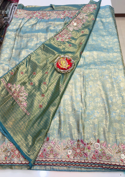 Tissue Silk Saree with Embroidery, Sequin, and Mirror Work Border – Festive Saree for Women
