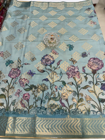 Bamboo Silk Floral Printed Saree with Rich Decorative Pallu, Rich Floral Kalamkari Style Prints