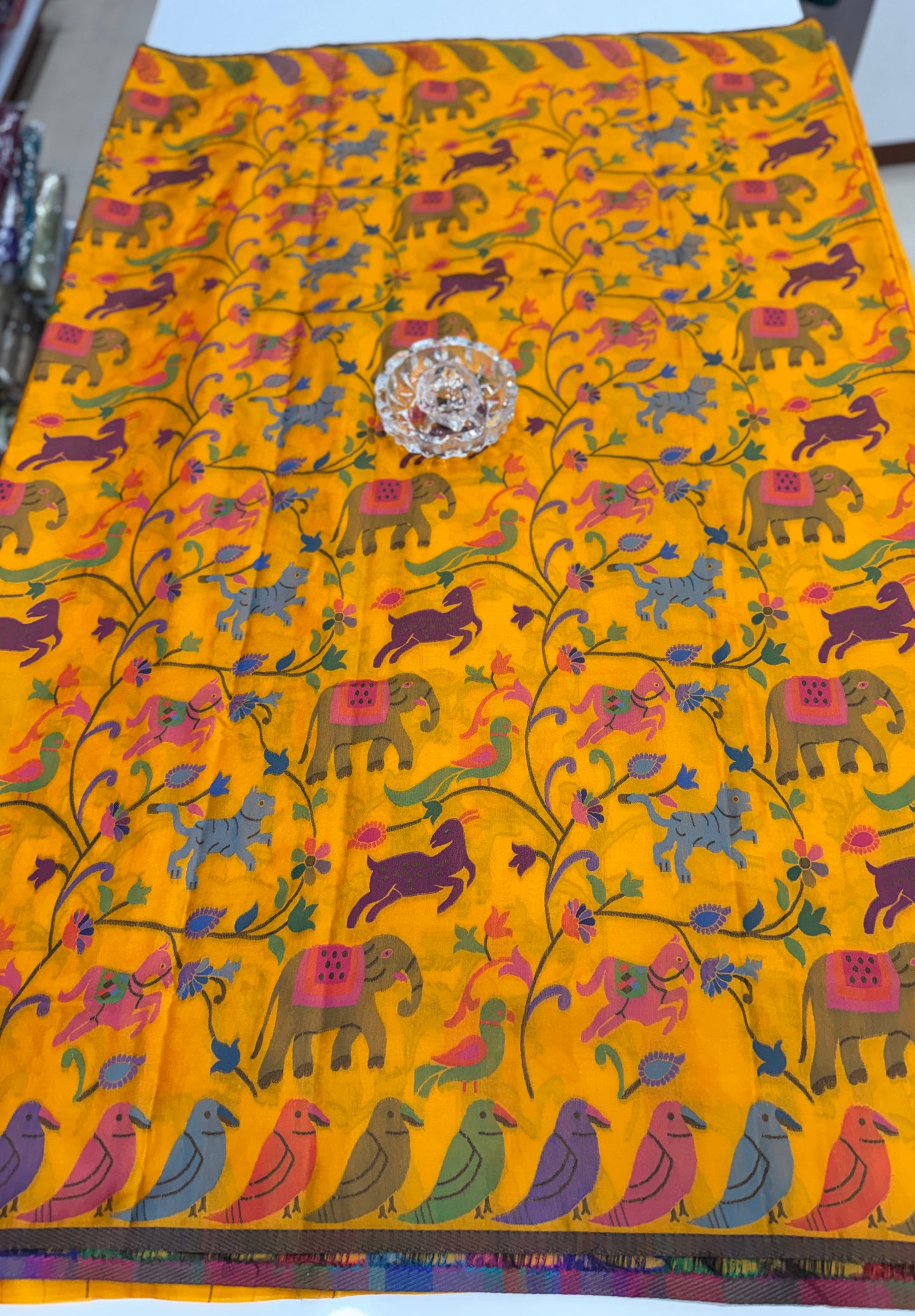 Soft silk printed saree with multicolour ethnic motifs and contrast blouse piece