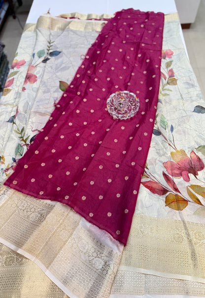 Russian Viscose Crepe Silk Chittpallu Saree with Heritage Print and Zari Border for Women