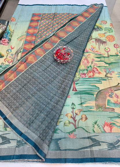 Pure Ziraf Silk Peacock Print Saree with Colorful Nature Motifs and Geometric Border – Soft Silk Printed Saree for Women