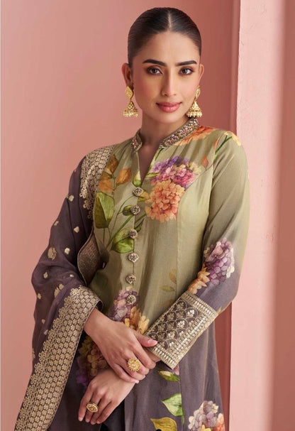 Premium Silk Embroidered Front Cut Kurta Pant Set with Jacquard Dupatta – Festive Wear for Women