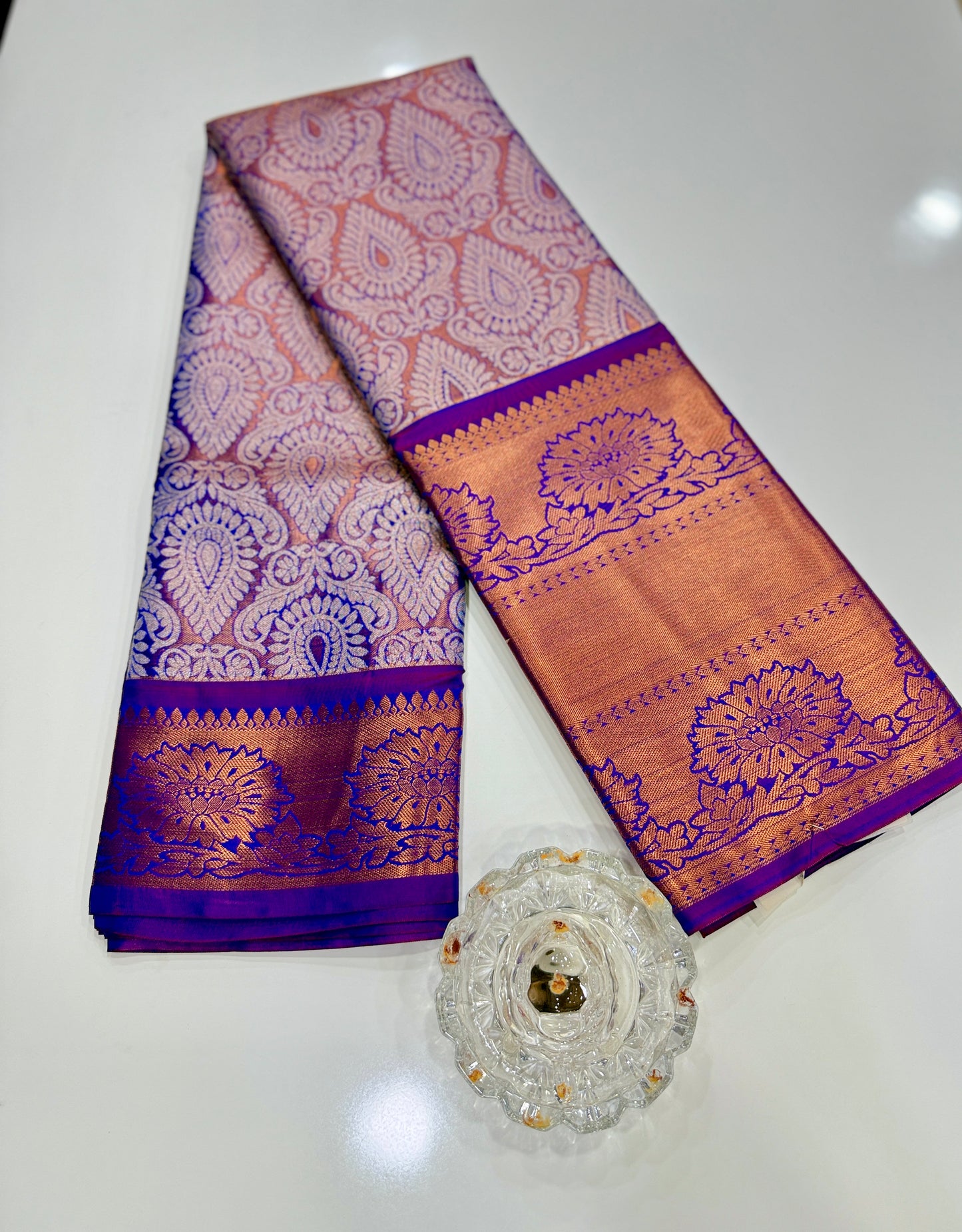 Bridal tissue saree for women with woven zari work and contrast border, kanchipuram style powerloom saree with blouse fabric
