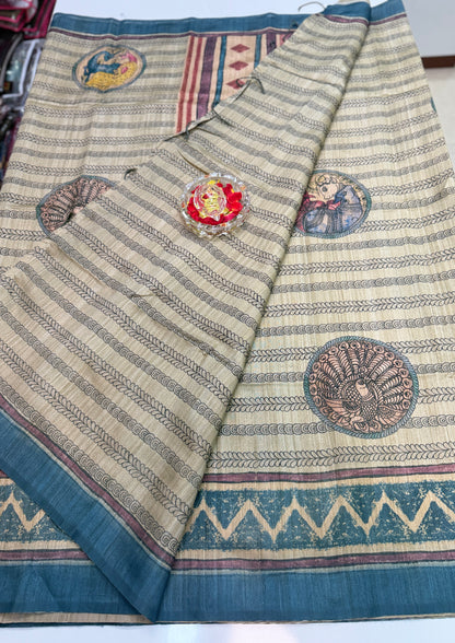 Silk Blend Printed Saree with Traditional Art Motifs and Glossy Texture – Festive Wear for Women