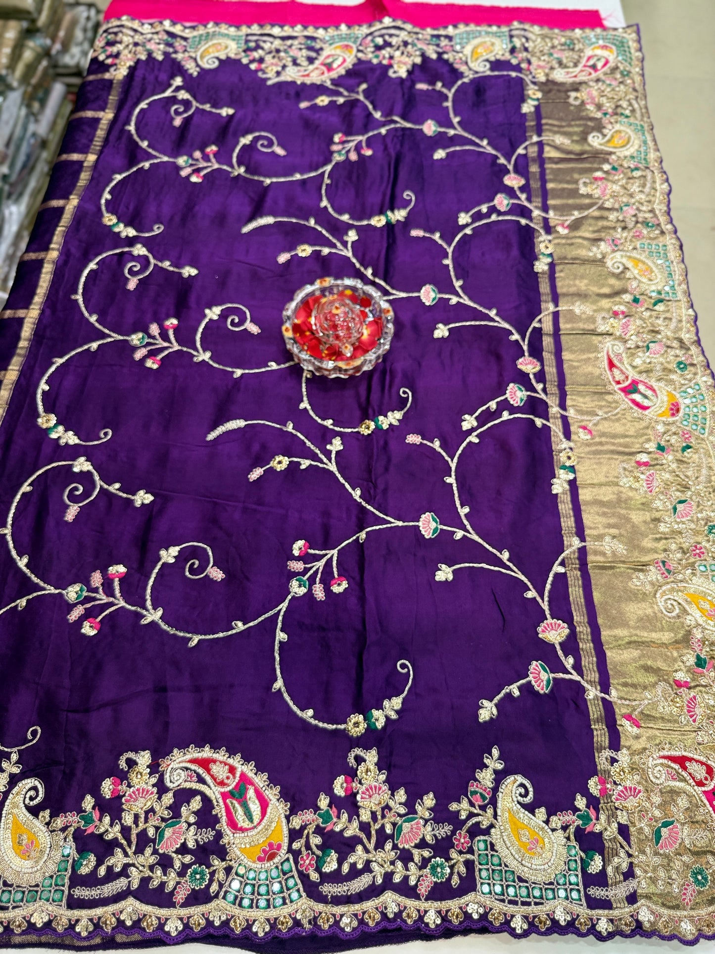 Purple Pure Gajji Silk Saree with Zari, Thread, Moti, Cut Dana & Mirror Heavy Work – Bridal and Festive Wear Saree for Women