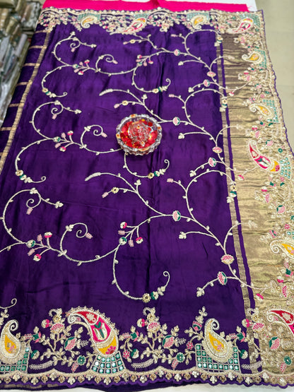 Purple Pure Gajji Silk Saree with Zari, Thread, Moti, Cut Dana & Mirror Heavy Work – Bridal and Festive Wear Saree for Women