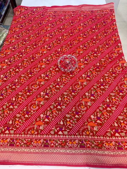 Pure Kaddi Georgette Zari Weaving Saree in Rust Orange with Antique Gold Pattern and Traditional Floral Borders – Festive & Wedding Wear for Women