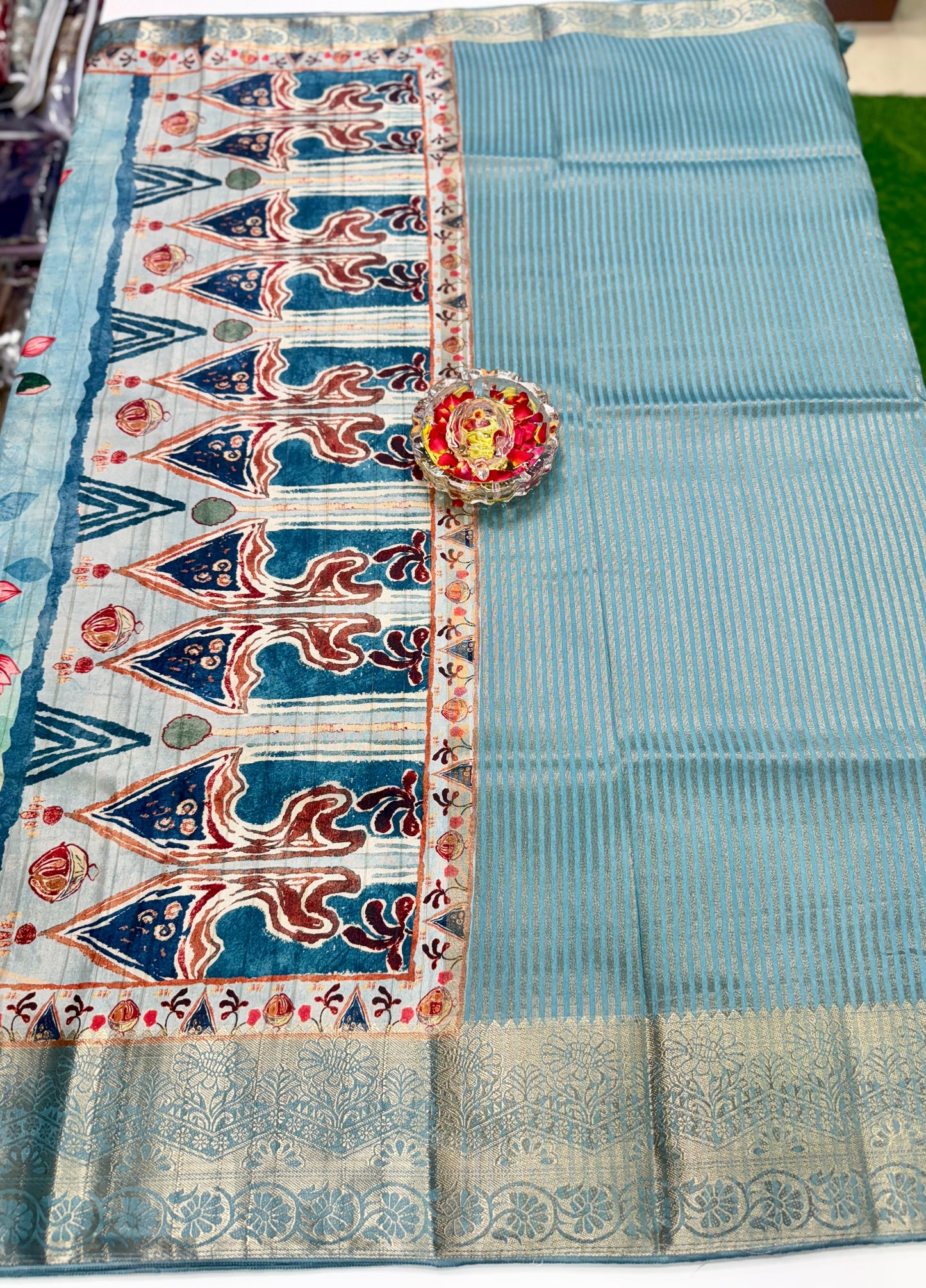 Boyanapalli-Style Silk Blend Saree with Jacquard Border and Chit Pallu – Printed Festive Saree for Women