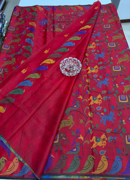 Soft silk printed saree with multicolour ethnic motifs and contrast blouse piece