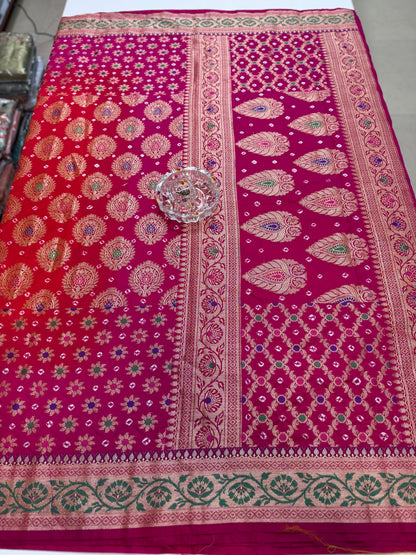 Banarasi dupiyan bandhani saree with semi-weaving neemjari work and hand chunri craftsmanship