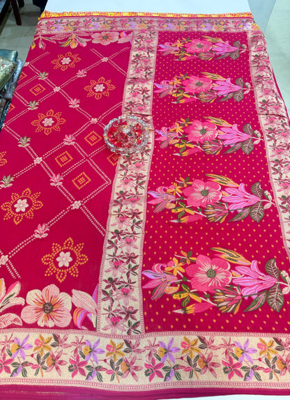 Pure Kaddi Georgette Zari Weaving Saree in Fuchsia Pink with Floral Jaal and Heavy Pallu – Festive and Wedding Wear Saree for Women