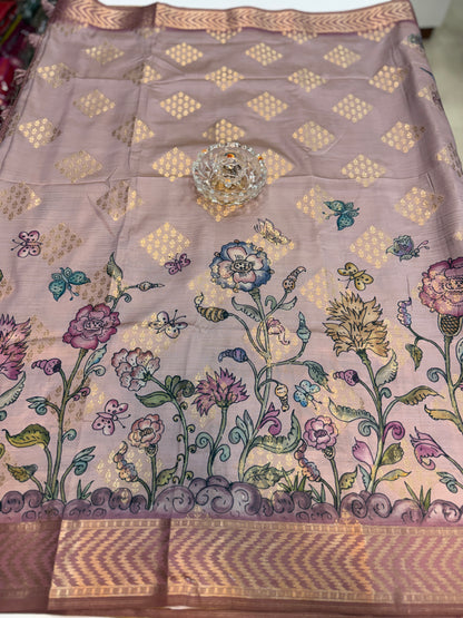 Bamboo Silk Floral Printed Saree with Rich Decorative Pallu, Rich Floral Kalamkari Style Prints