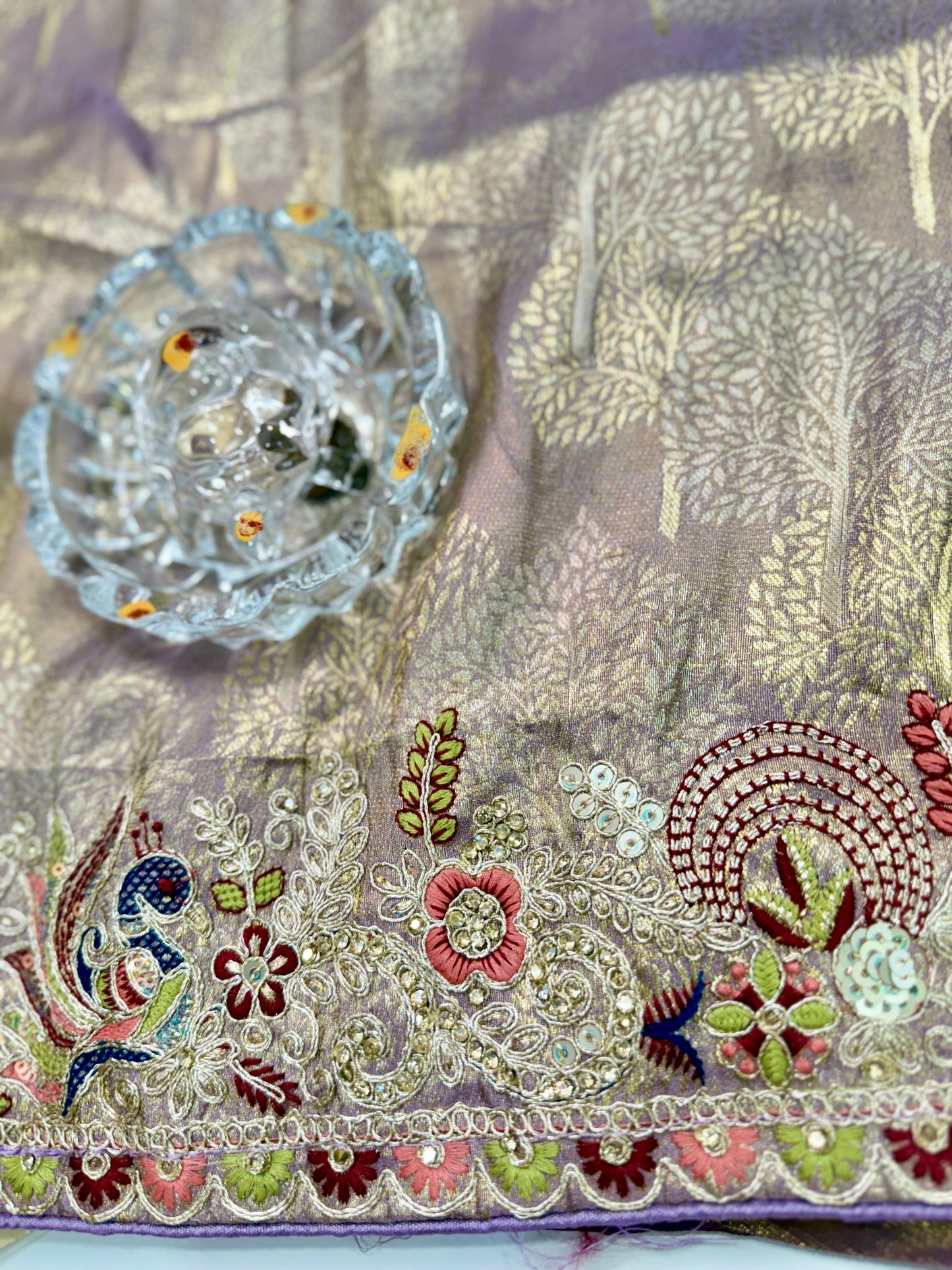 Tissue Silk Saree with Embroidery, Sequin, and Mirror Work Border – Festive Saree for Women