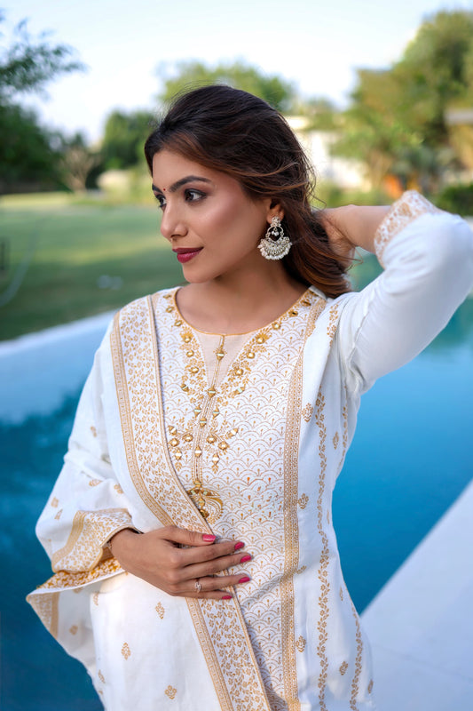 Pure Cotton Jacquard Kurti Pant Dupatta Set with Mirror Work Detailing for Women