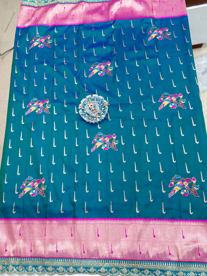 Paithani Lace Border Soft Silk Saree with Contrast Blouse for Women