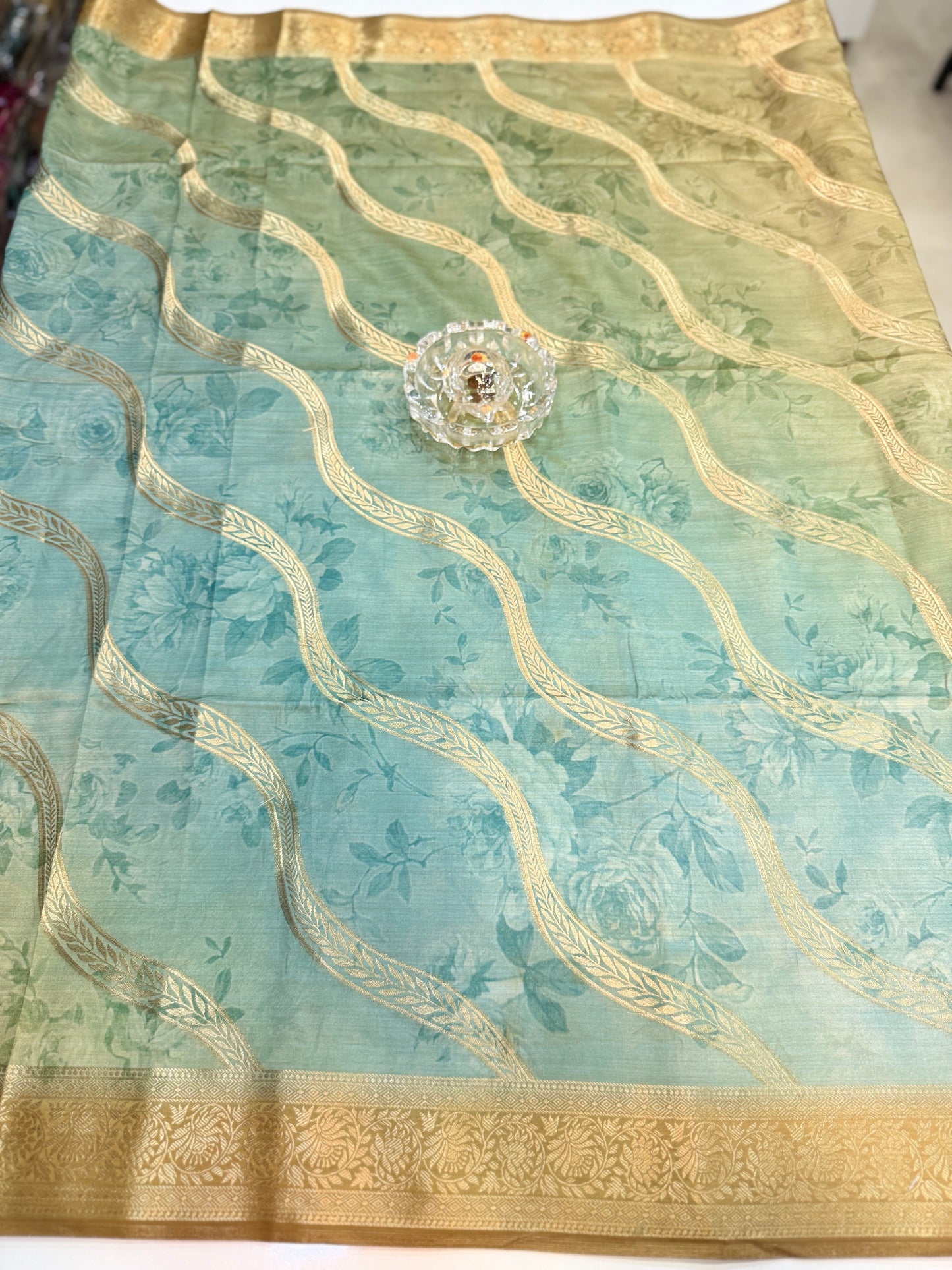 Bamboo Silk Floral Printed Saree with Rich Decorative Pallu, All Over Rich Leheriya Pattern