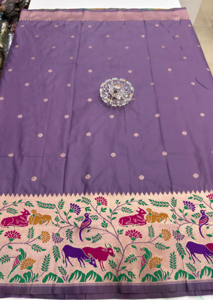 Paithani printed soft silk saree with zari-style border and contrast blouse for women