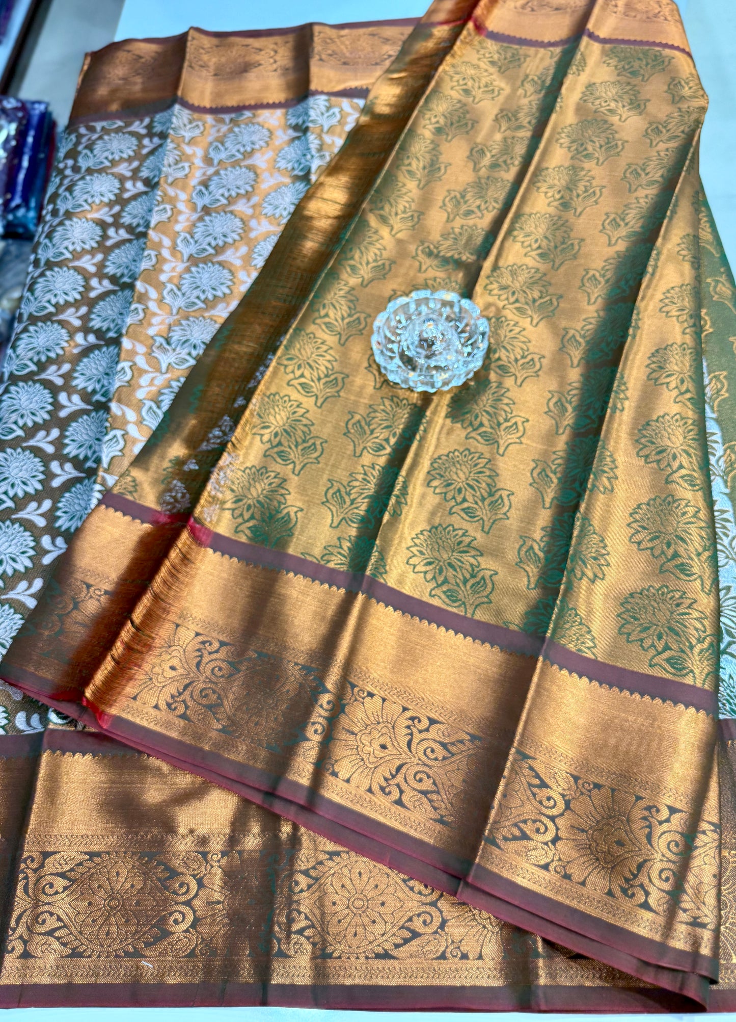 Bridal tissue saree for women with woven zari work and contrast border, kanchipuram style powerloom saree with blouse fabric