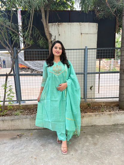 Pure Mul Chanderi Kurta Pant Dupatta Set with Hand Embroidery – Elegant Festive Wear for Women