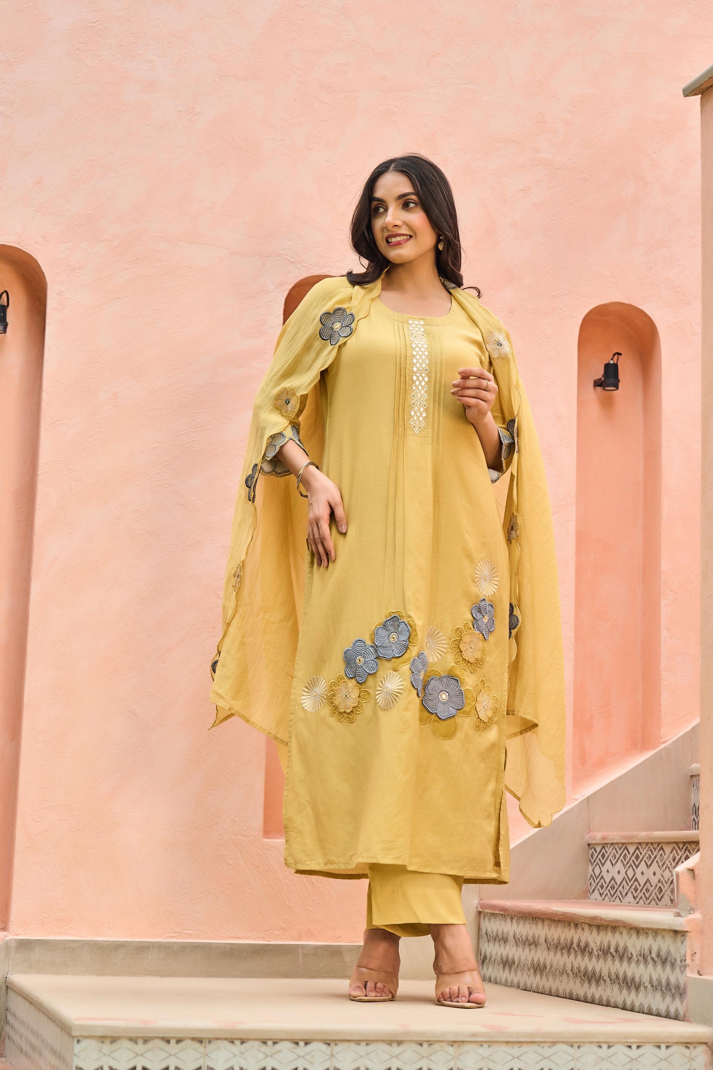 mal chanderi kurta pant & dupatta set