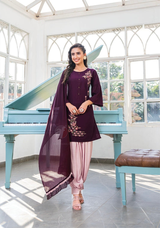 Bamber Silk Kurti Afghani Pant Dupatta Set with Embroidery and Chinon Chiffon Dupatta – Sizes L to 3XL